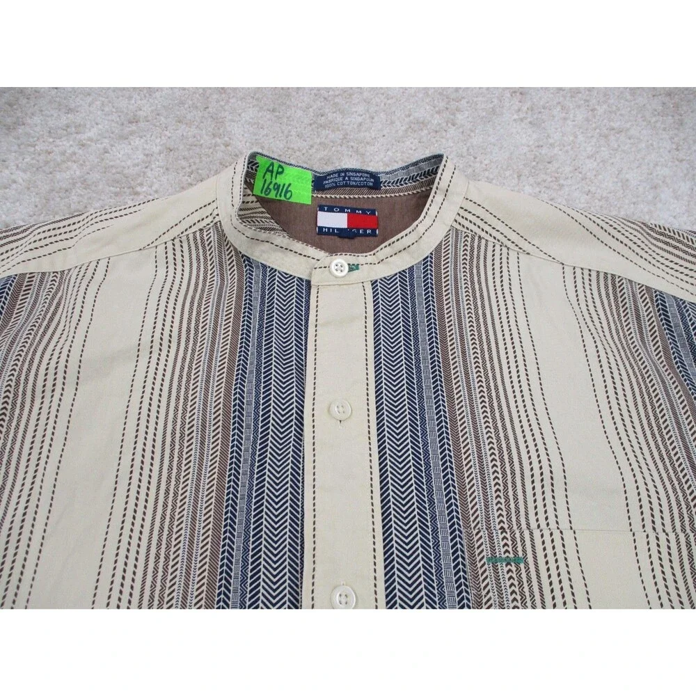 VINTAGE Tommy Hilfiger Shirt Men Medium Beige Herringbone Crest Button Up 90s - Picture 6 of 12